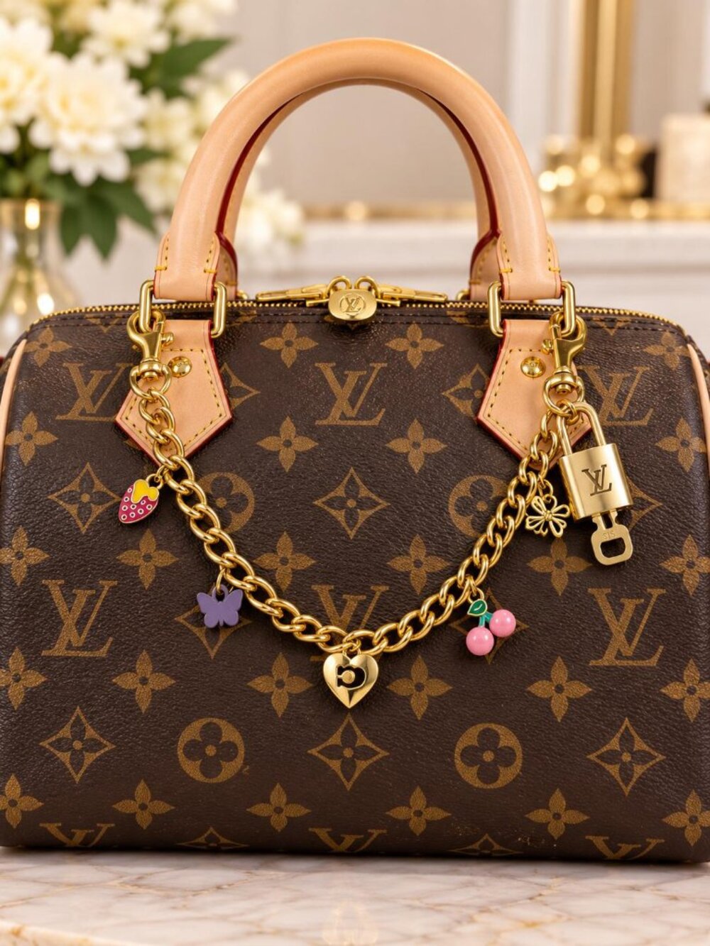 Authentic Louis Vuitton Gold Padlock with Unbranded Decorative Bag Chain / Charm